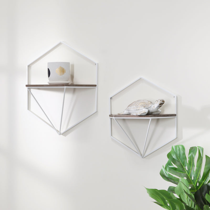 S/2 METAL / WOOD HEXAGON WALL SHELVES, WHT/GRAY