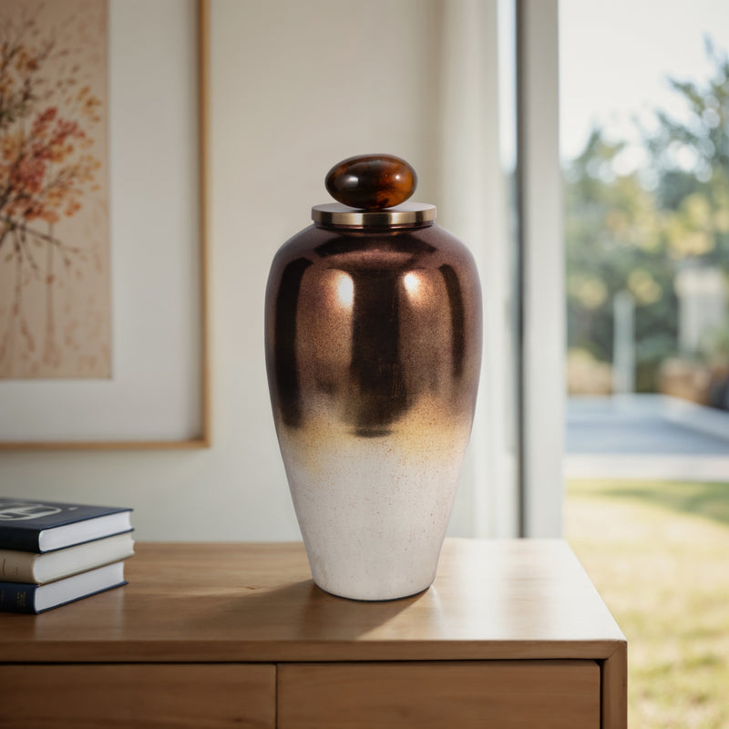 GLASS, 24" TEMPLE VASE W/ RESIN TOPPER, COPPER