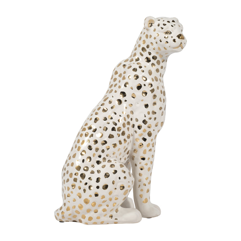 11" SITTING LEOPARD, WHITE/GOLD