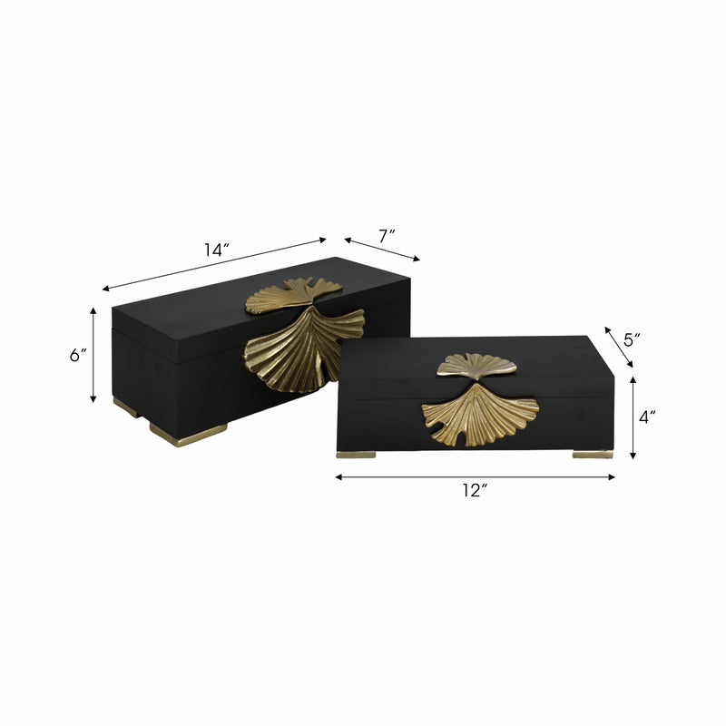 Metal, S/2 12/14" Black Gingko Boxes