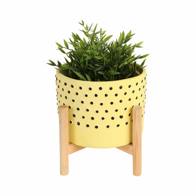 8" DOTTED PLANTER W/ WOOD STAND, YELLOW