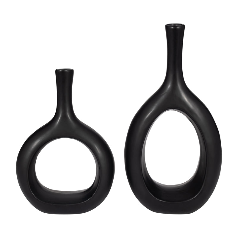 CER, 12" CURVED OPEN CUT OUT VASE, BLACK