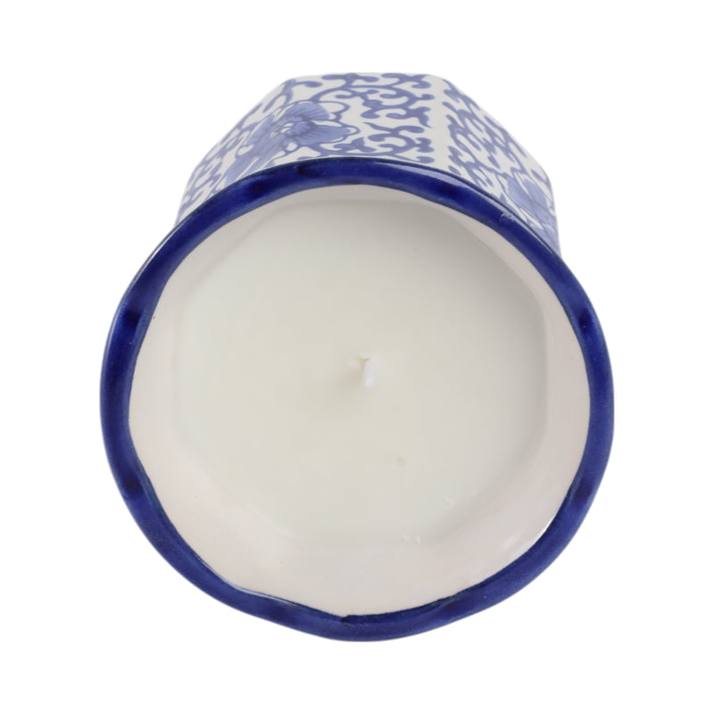 4", 6oz Fluted Chinoiserie Candle , Blue/white