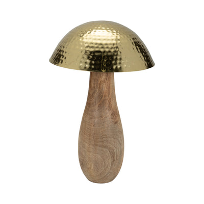 Metal, 16" Mushroom W/ Wood Base, Gold