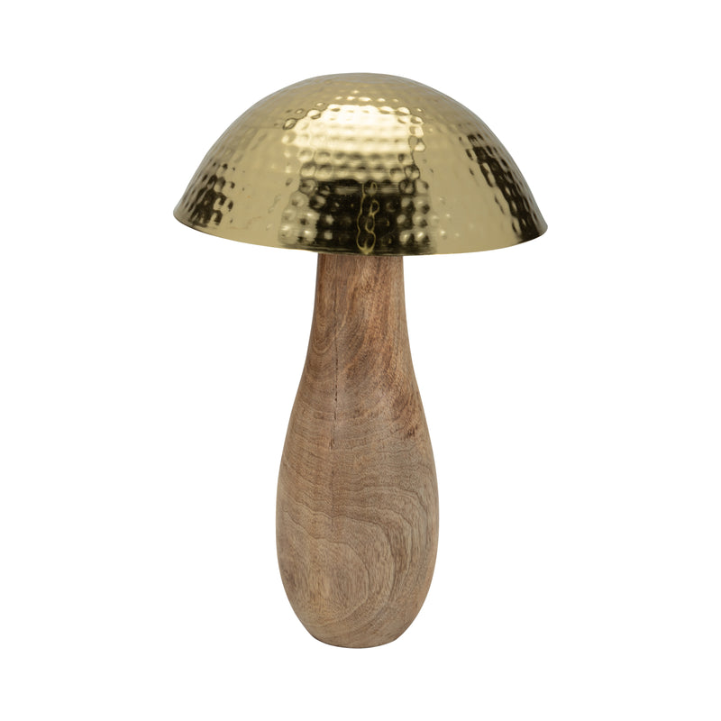 Metal, 16" Mushroom W/ Wood Base, Gold