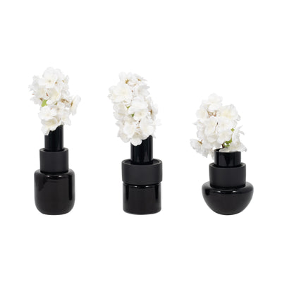 S/3 6/8/9" Eden Black Glass Vases