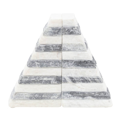 S/2 MARBLE 7"H PYRAMID BOOKENDS, WHITE/GRAY