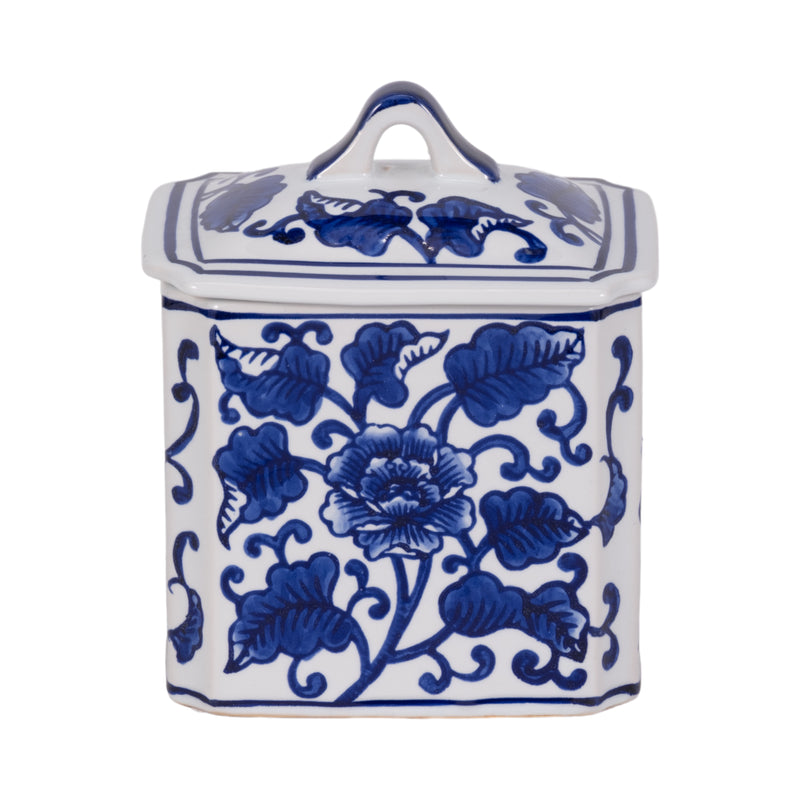 Cer, 6" 13oz Rect Chinoiserie Candle W/lid,blu/wht