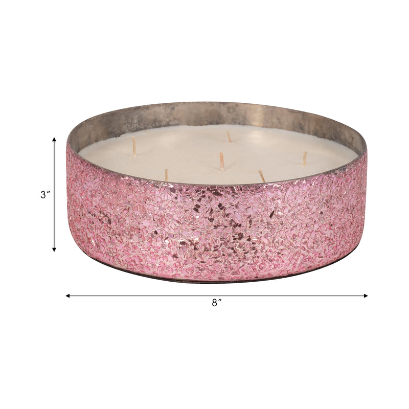 Glass, 8" 49 Oz Crackled Bowl Scented Candle, Pink