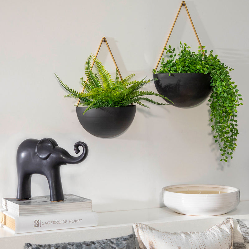 S/2 Metal Half Moon Wall Planters, Black