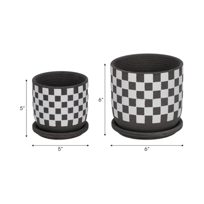 S/2 5/6" Checkerboard Saucer Planters, Black/white