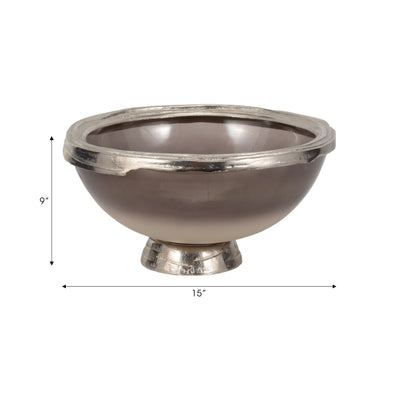 GLASS, 15"D BOWL W/ SILVER BASE, TAUPE NICKEL