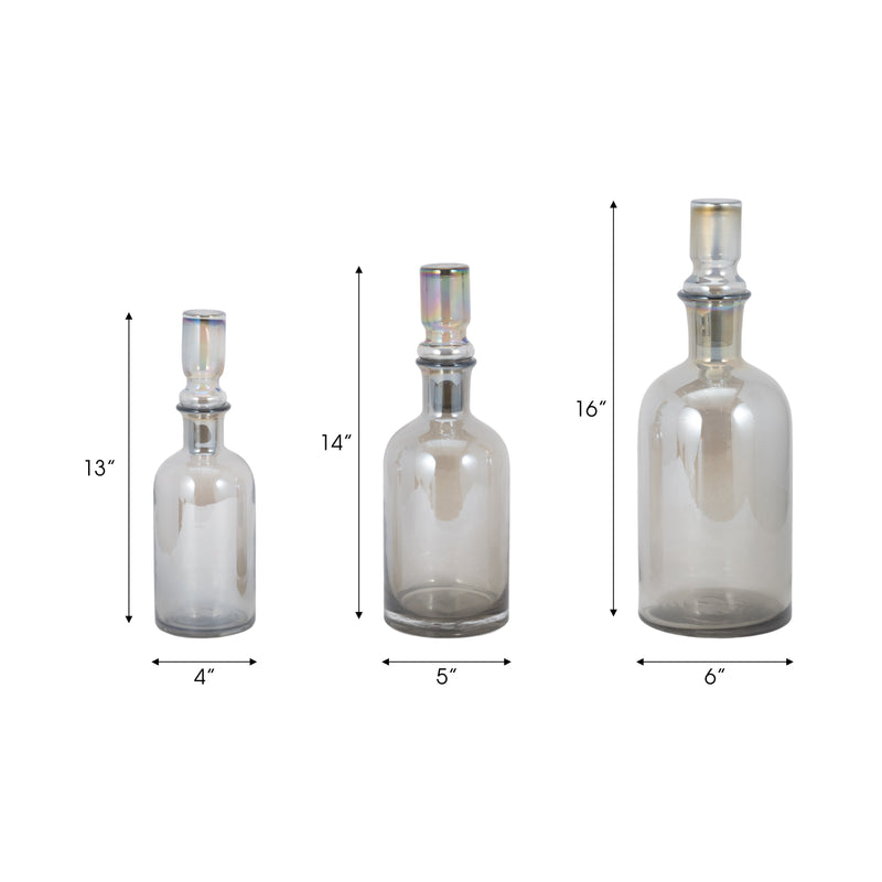 S/3 13/14/16" Callum Gray Glass Bottles, Gray