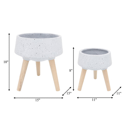 S/2 11/15" TERRAZZO PLANTER W/ WOOD LEGS,  GRAY