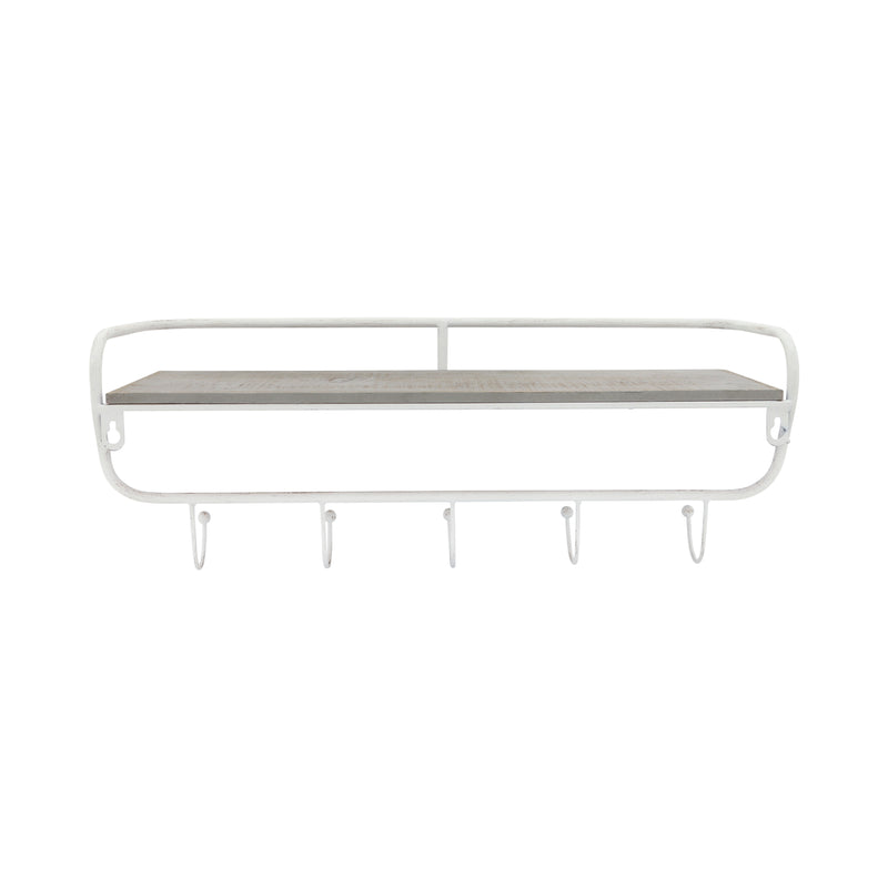 METAL/WOOD 20" 5  HOOK WALL SHELF, WHITE/GRAY