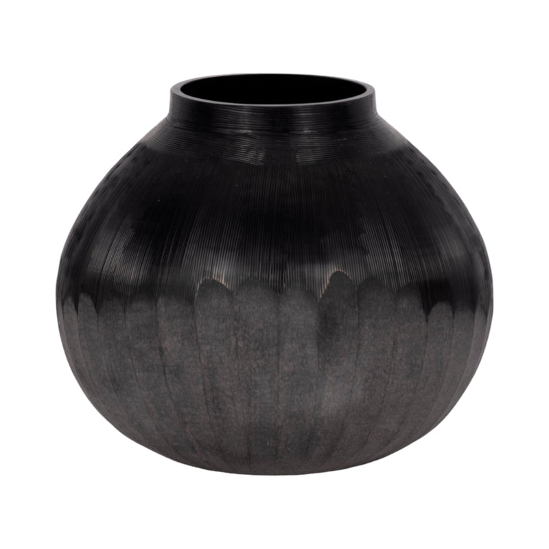 9" Etched Lines Rough Cut Bottom Vase, Black