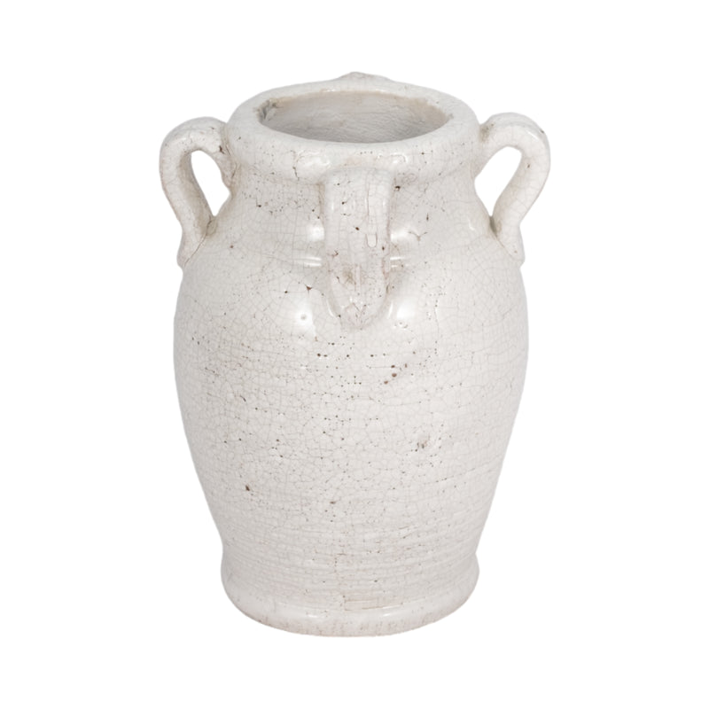 7" Terracotta Vase With Handles, White Crackle