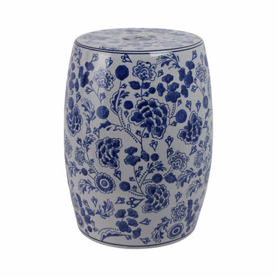 Cer, 18" Hydrangea Chinoiserie Stool, Blue/white