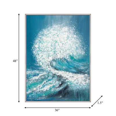 36X48 HANDPAINTED WAVES CANVAS, AQUA