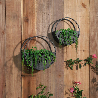 S/2 METAL 9/12" ROUND WALL PLANTERS, BLACK