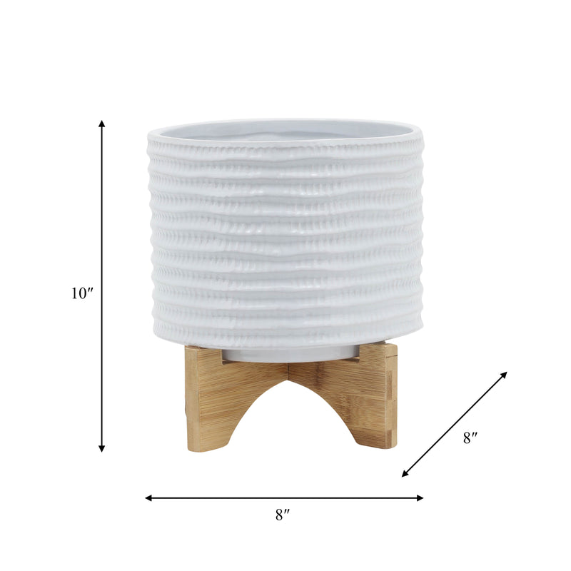 8" TEXTURED PLANTER W/ STAND, WHITE