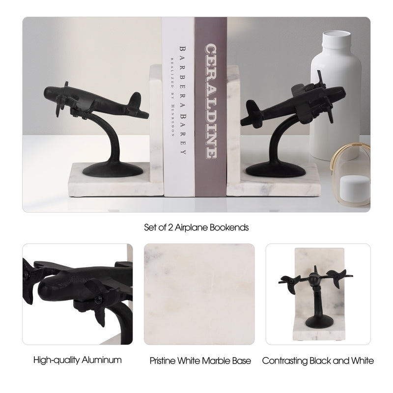 Metal, S/2 6" Airplane Bookends On Marble, Blk/wht