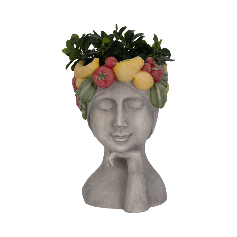 18" Lady With Fruit Planter, Grey/multi