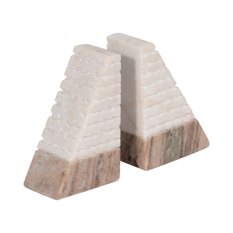 S/2 Marble 6"h Pyramid Bookends, White/onyx