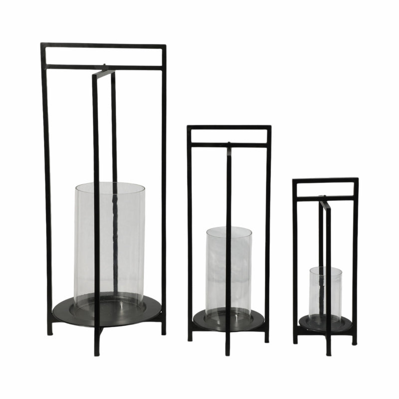 METAL, S/3 19/24/32"H ROUND OPEN LANTERNS, BLACK