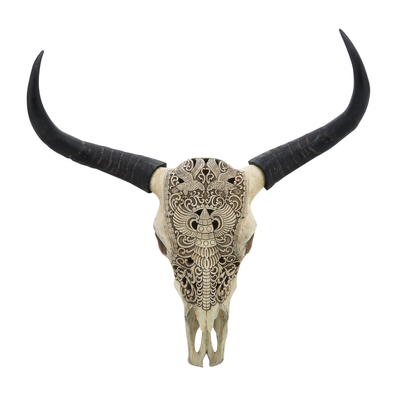 RESIN, 28" BULL SKULL WALL ACCENT, IVORY/BLACK KD