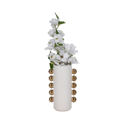 Cer, 10" Vase W/ Side Knobs, White/gold