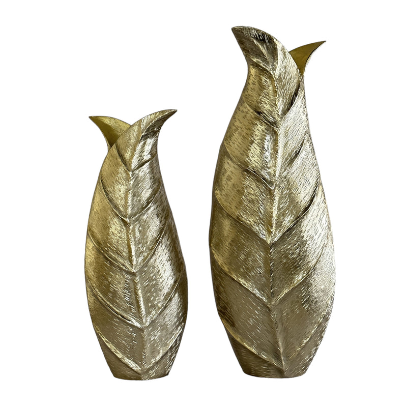 Metal, S/2 16/21" Fauna Leaf Vases, Champagne