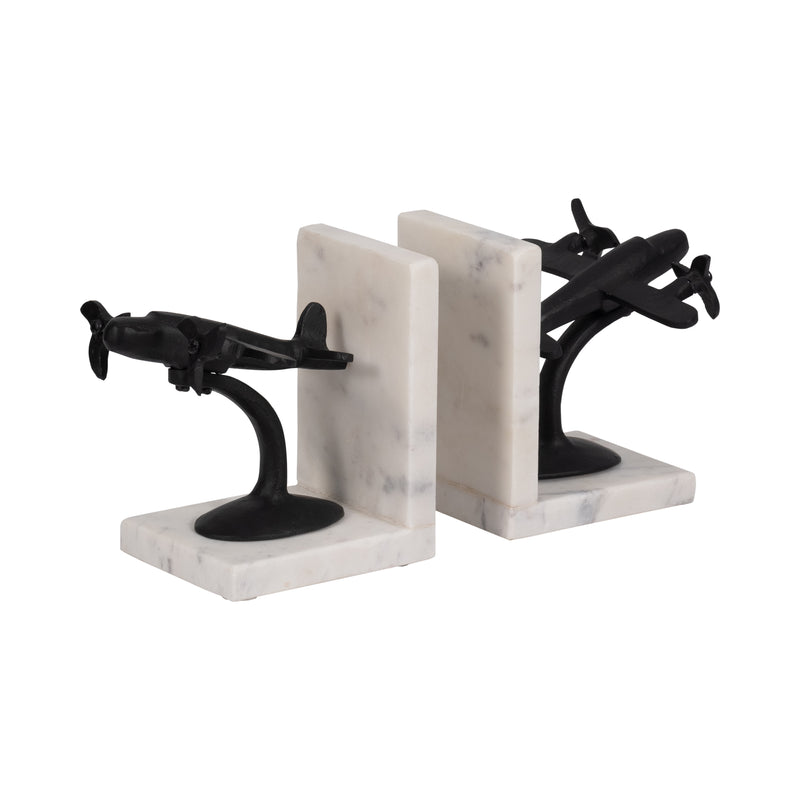 Metal, S/2 6" Airplane Bookends On Marble, Blk/wht