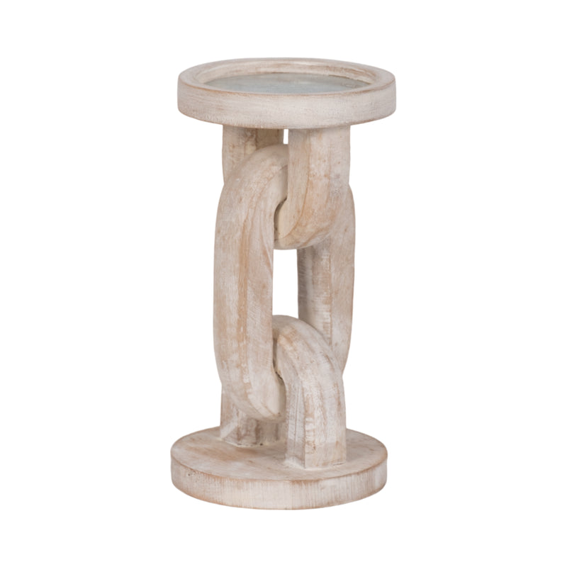 Wood, 8" Chain Pillar Candle Holder, White