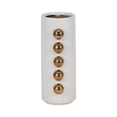 Cer, 10" Vase W/ Side Knobs, White/gold