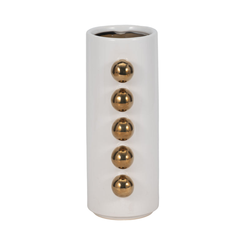 Cer, 10" Vase W/ Side Knobs, White/gold