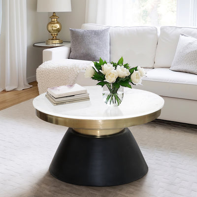 17" MARBLE TOP ROUND COFFEE TABLE, BLACK & GOLD