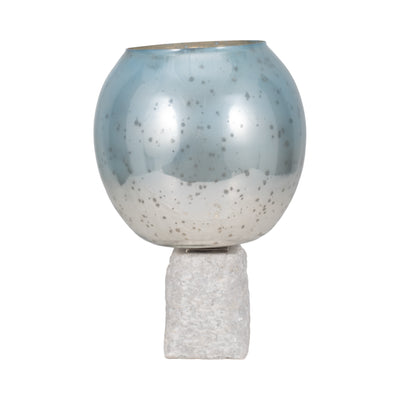 Glass, 15" Bowl Pillar Holder Marble Base, Aqua/wh