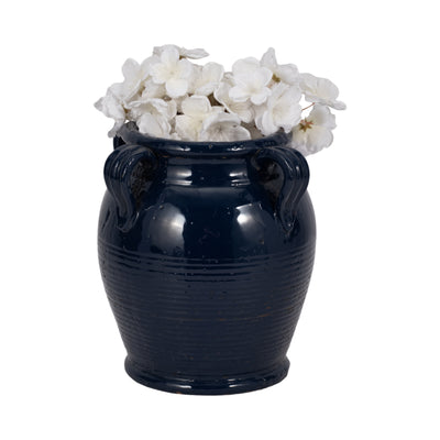 9" Terracotta Vase With Handles, Navy Blue