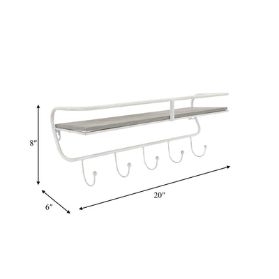 METAL/WOOD 20" 5  HOOK WALL SHELF, WHITE/GRAY