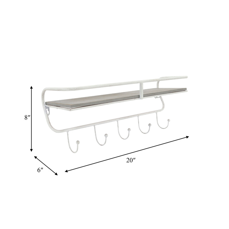 METAL/WOOD 20" 5  HOOK WALL SHELF, WHITE/GRAY