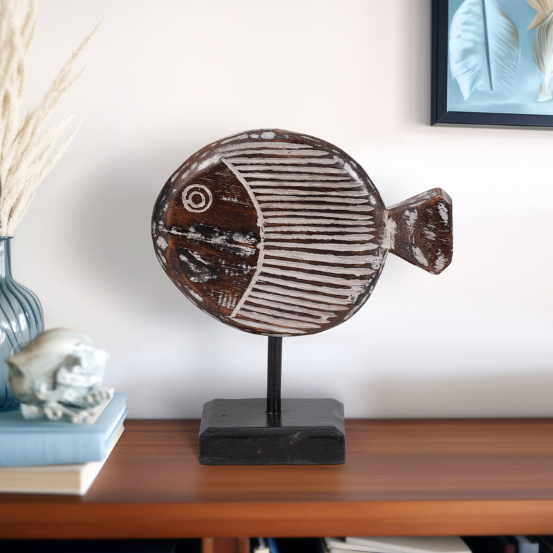 WOOD, 11"H FISH ON STAND, GRAY