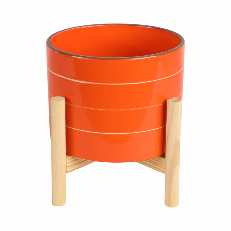 8" STRIPED PLANTER W/ WOOD STAND, ORANGE