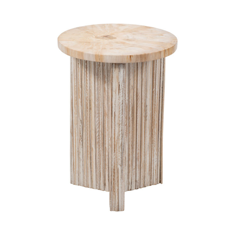 Petrified Wood And Teak 20" Accent Table, Cream