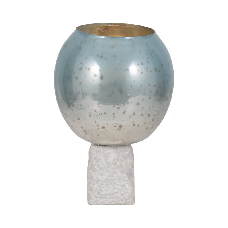 Glass, 15" Bowl Pillar Holder Marble Base, Aqua/wh