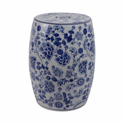 Cer, 18" Hydrangea Chinoiserie Stool, Blue/white