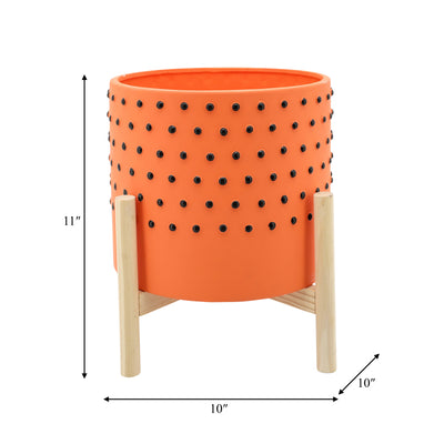 10" DOTTED PLANTER W/ WOOD STAND, ORANGE