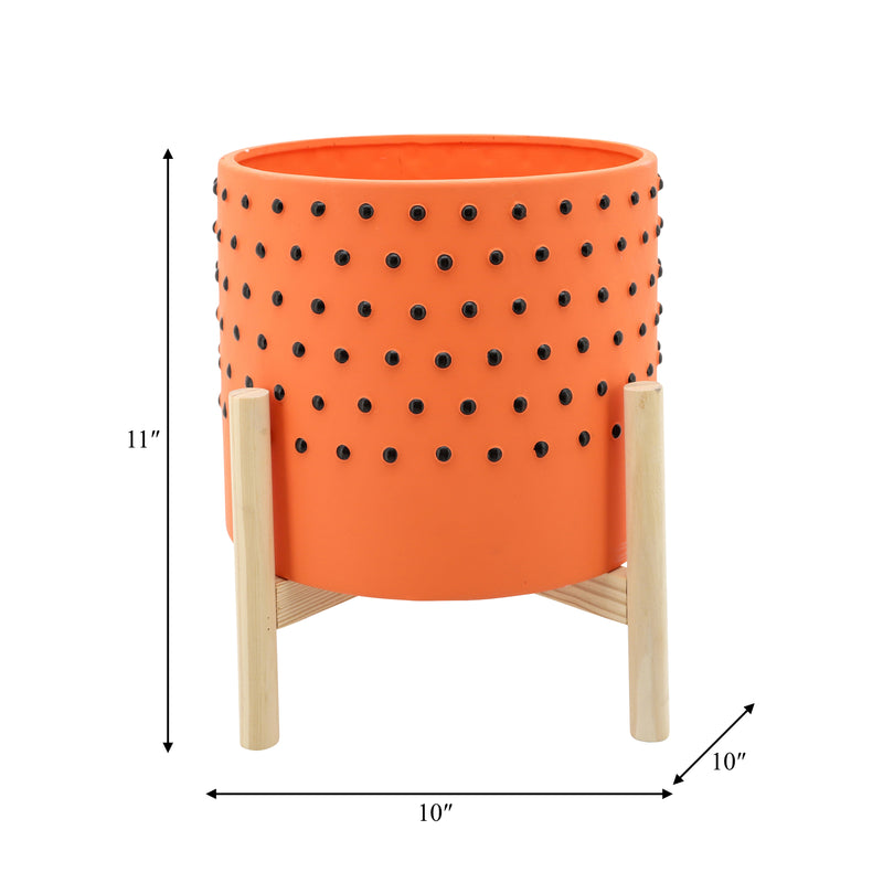 10" DOTTED PLANTER W/ WOOD STAND, ORANGE