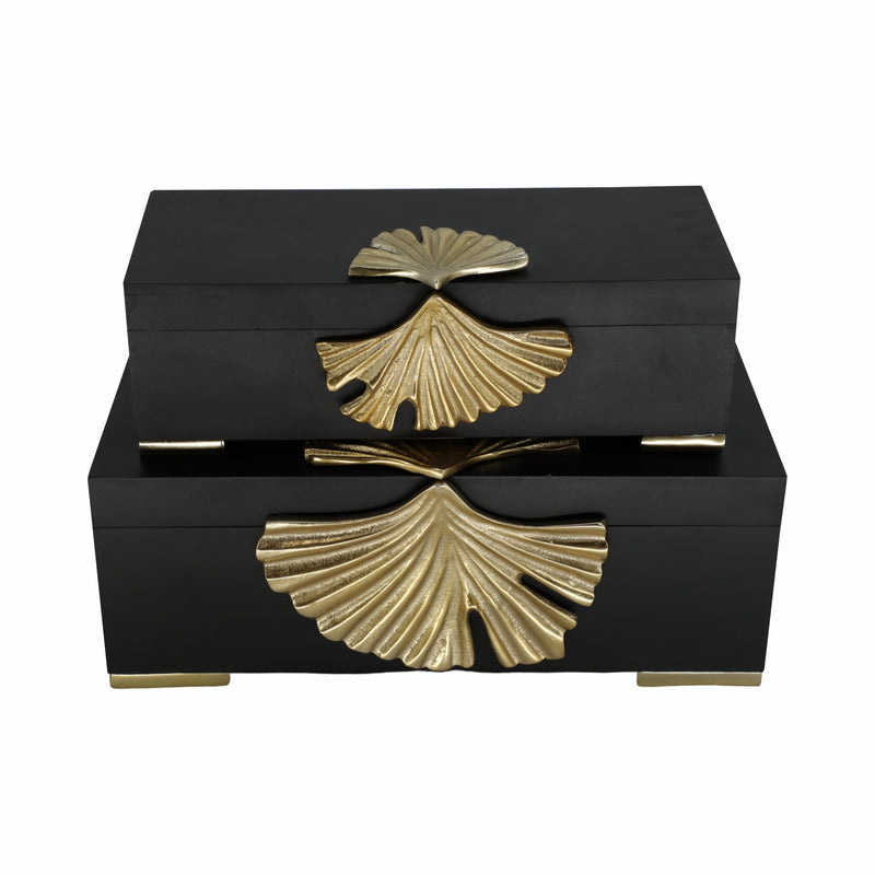 Metal, S/2 12/14" Black Gingko Boxes