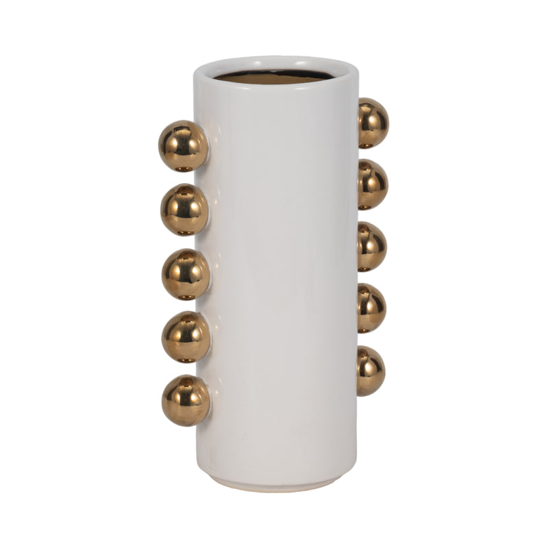 Cer, 10" Vase W/ Side Knobs, White/gold